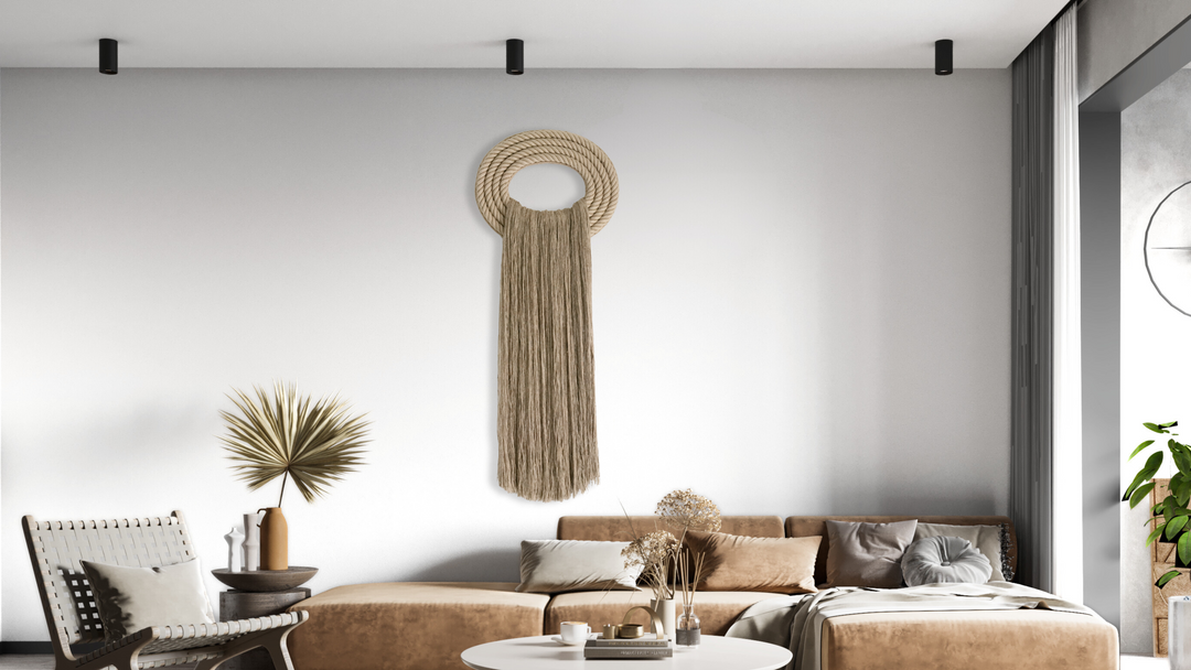 Nature inspired modern Fiber art wall hangings and rope sculptures with earthy tones and organic textures. 