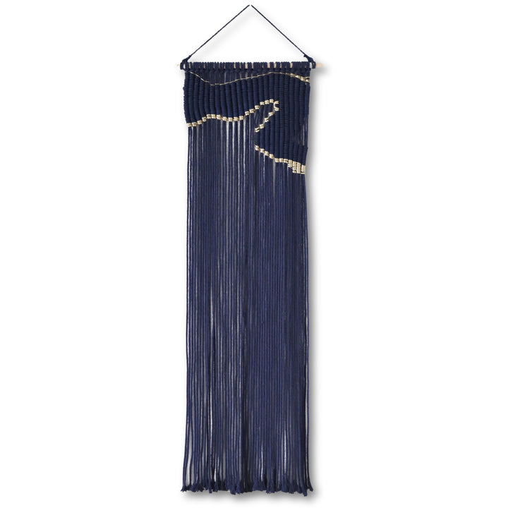 Contemporary navy blue macrame wall hanging with unique and modern beige design, creating a modern and artistic statement in any space or interior