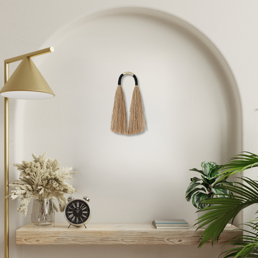 Small-sized jute arch with luxurious black and gold accents, handcrafted for distinctive decor, Jute Arch Decor, Black and Gold Home Accent, Handcrafted Fiber Art, Unique Wall Sculpture, Textured Art Piece, Elegant Home Accessory - Yashi Designs