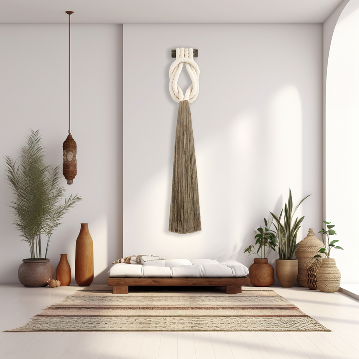 Minimalist beige rope design wall hanging with a long tassel, created by Yashi Designs as a serene addition to any space and interior, Customized Art Installations, Sustainable Fiber Art