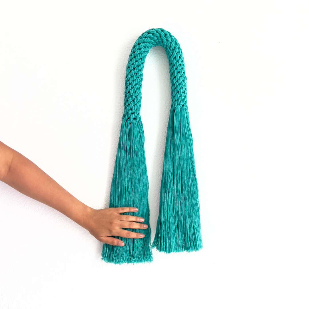 Contemporary Fiber Art, Aarya Tassel in Emerald knotted wall hanging, modern home decor - Yashi Designs