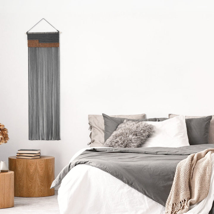 Serenity contemporary wall hanging in grey, a unique fiber art offering a soothing aesthetic by Yashi Designs.