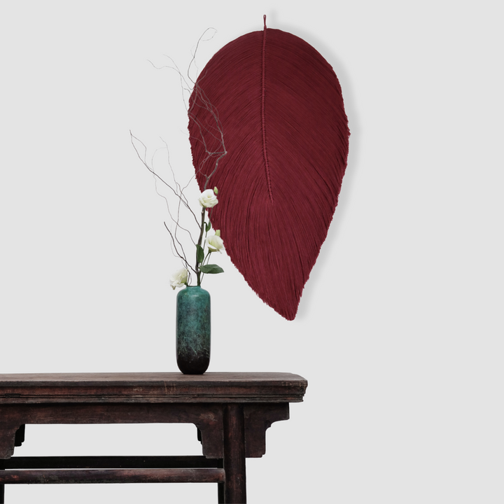 Fiber art leaf in Wine