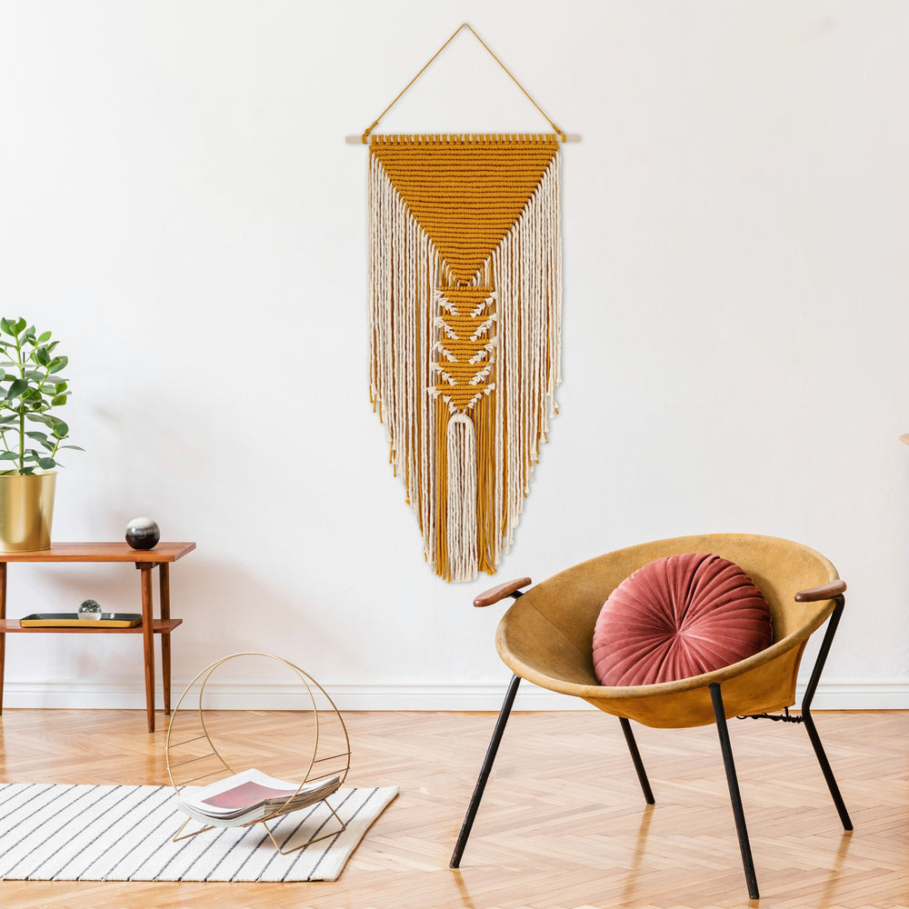 Contemporary Macrame Wall Hanging 'Pyramid' with intricate patterning, blending traditional craft with modern design - Yashi Designs