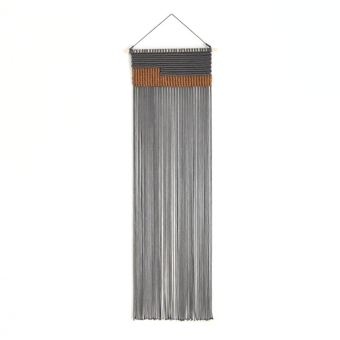 Serenity contemporary wall hanging in grey, a unique fiber art offering a soothing aesthetic by Yashi Designs.