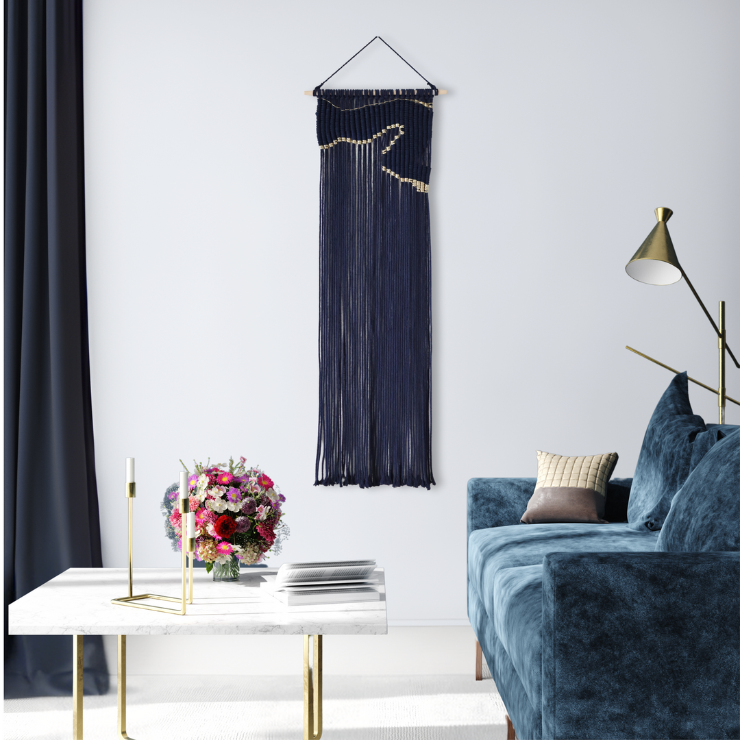 Contemporary navy blue macrame wall hanging with unique and modern beige design, creating a modern and artistic statement in any space or interior