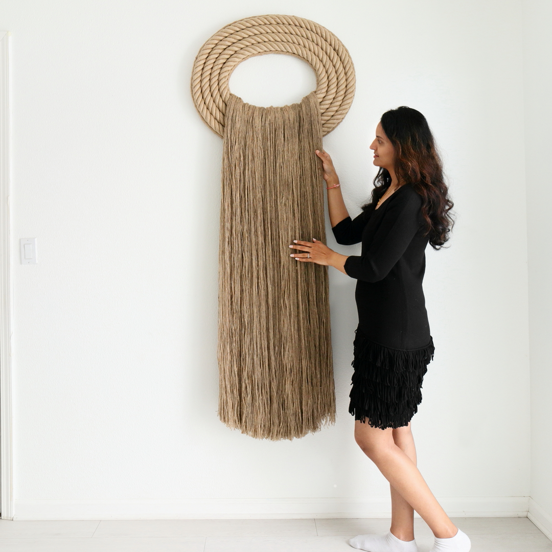 Elegant beige wall hanging tassel with a distinctive circular accent for a modern decorative touch with Contemporary Wall hangings, Extra Large Jute Crest Rope Sculpture