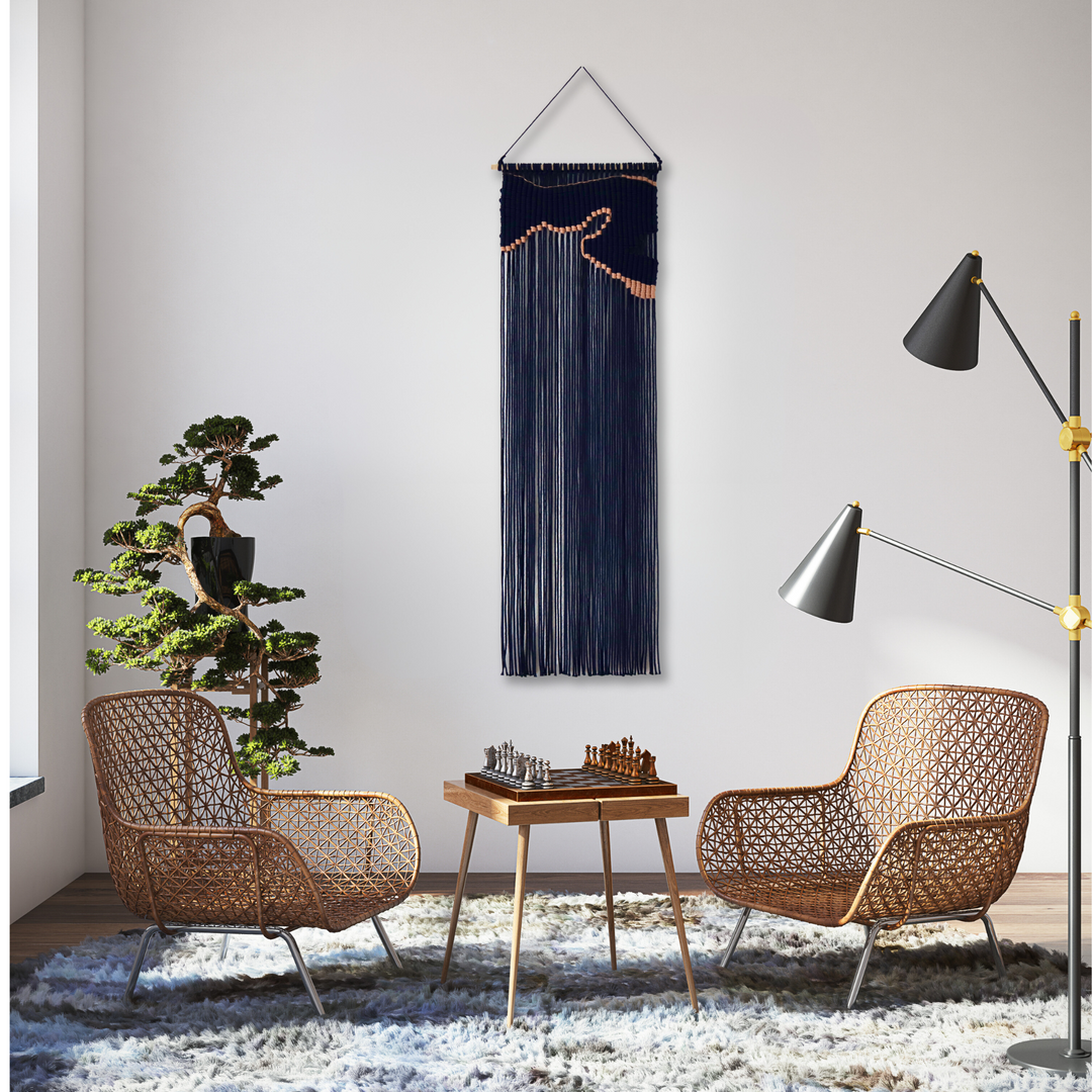 Contemporary navy blue macrame wall hanging with unique and modern beige design, creating a modern and artistic statement in any space or interior