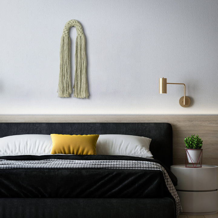 Small hemp tassel in sage green, a handcrafted Natural Dimensional Wall Art by Yashi Designs, minimalistic and modern wall hanging.