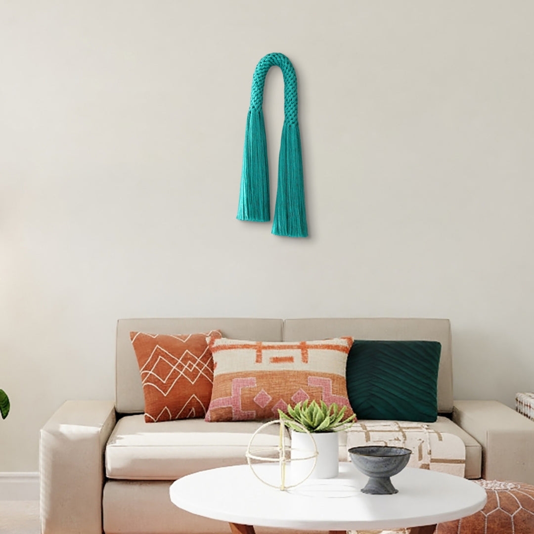 Contemporary Fiber Art, Aarya Tassel in Emerald knotted wall hanging, modern home decor - Yashi Designs