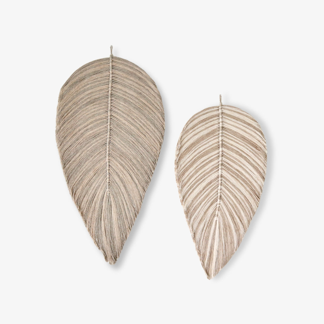 Handmade rope sculpture of leaves set by Yashi Designs made organic cotton rope in shades of neutral colors- Oat, linen and natural showcasing intricate knotwork and modern design. Perfect for housewarming gifts and luxury home decor.