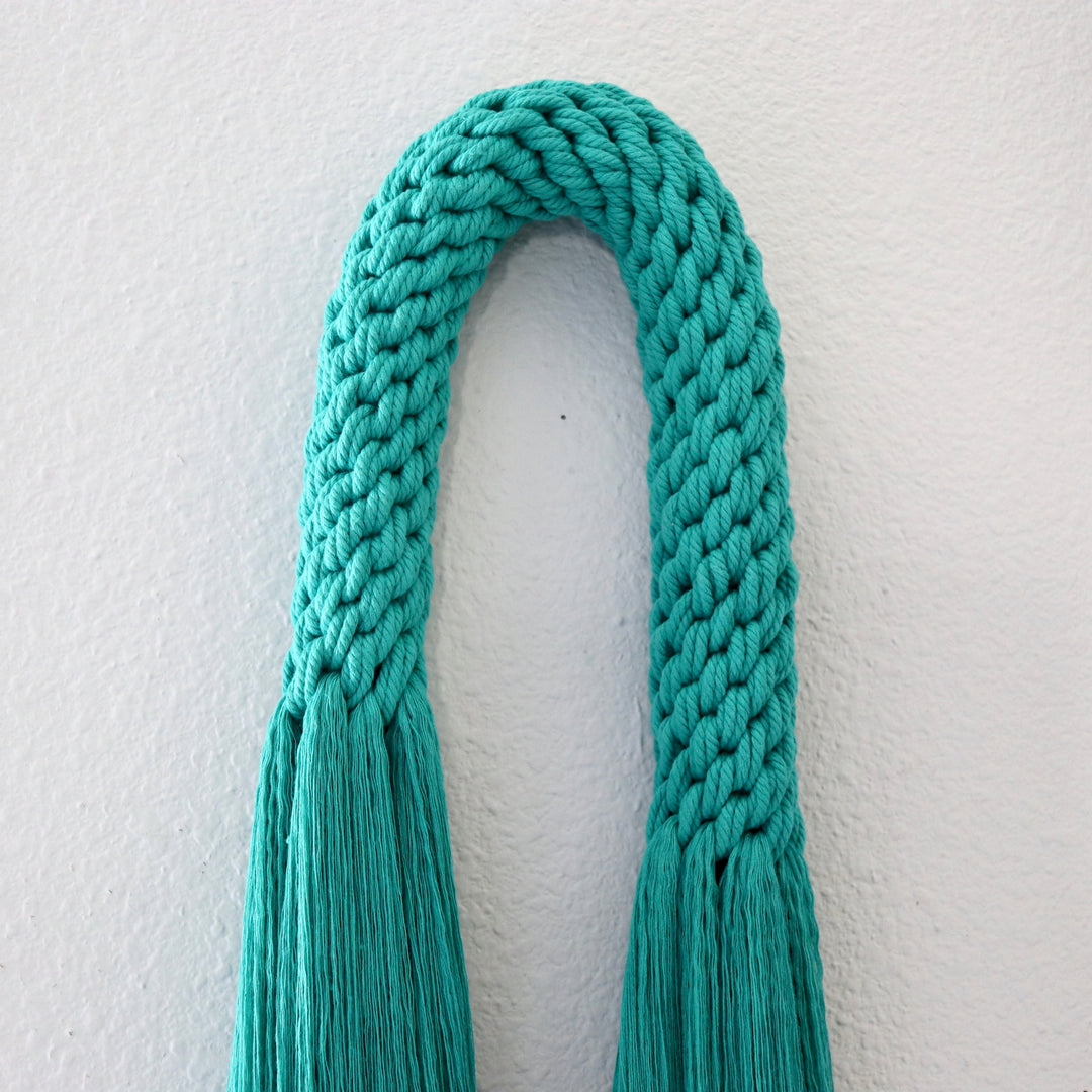 Contemporary Fiber Art, Aarya Tassel in Emerald knotted wall hanging, modern home decor - Yashi Designs