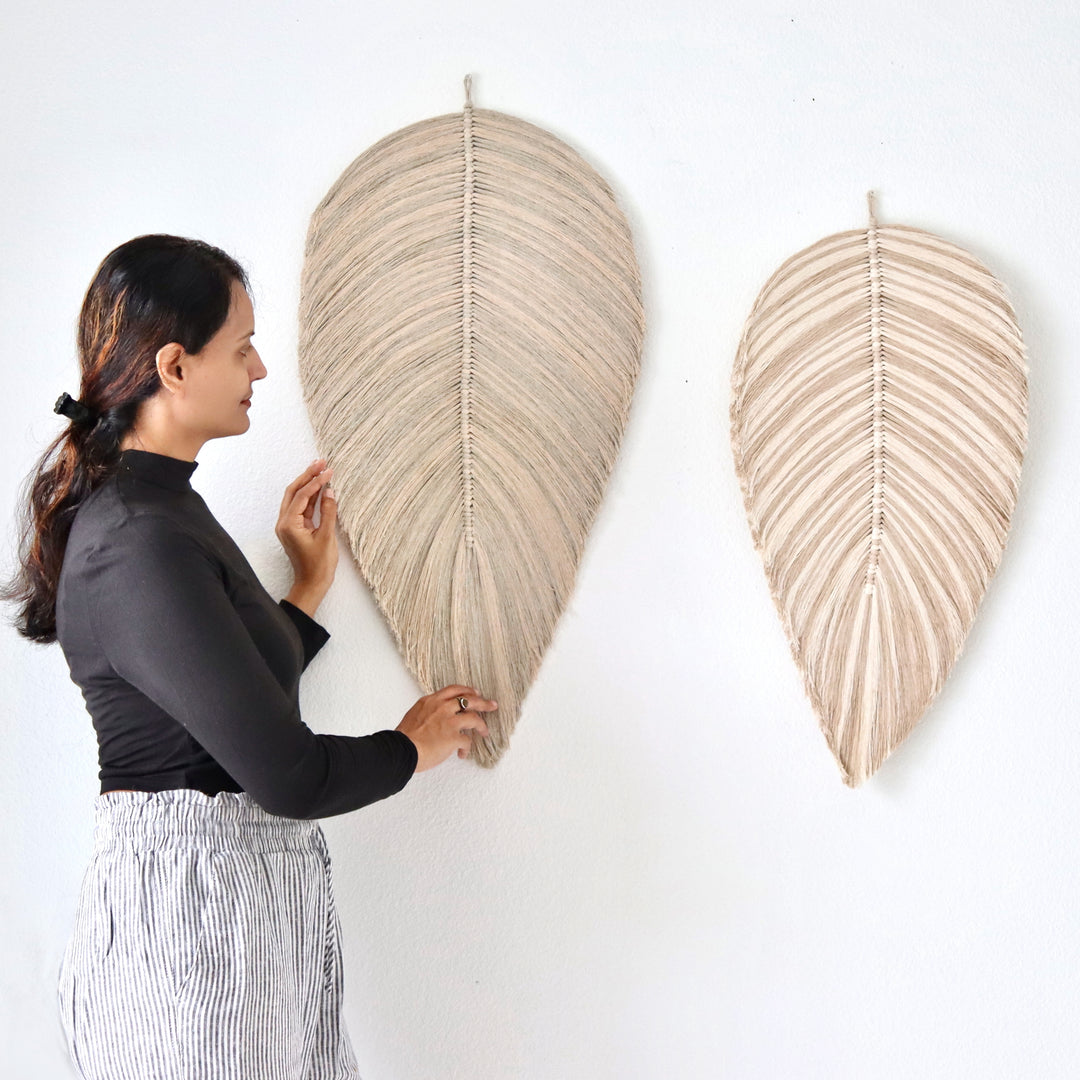 Handmade rope sculpture of leaves set by Yashi Designs made organic cotton rope in shades of neutral colors- Oat, linen and natural showcasing intricate knotwork and modern design. Perfect for housewarming gifts and luxury home decor.
