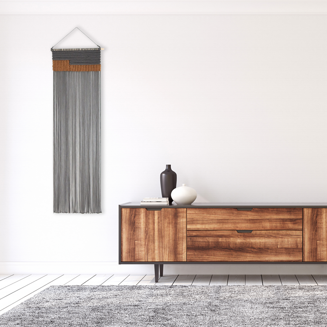 Serenity contemporary wall hanging in grey, a unique fiber art offering a soothing aesthetic by Yashi Designs.