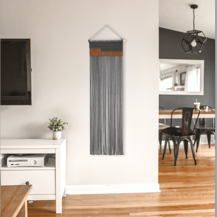 Serenity contemporary wall hanging in grey, a unique fiber art offering a soothing aesthetic by Yashi Designs.
