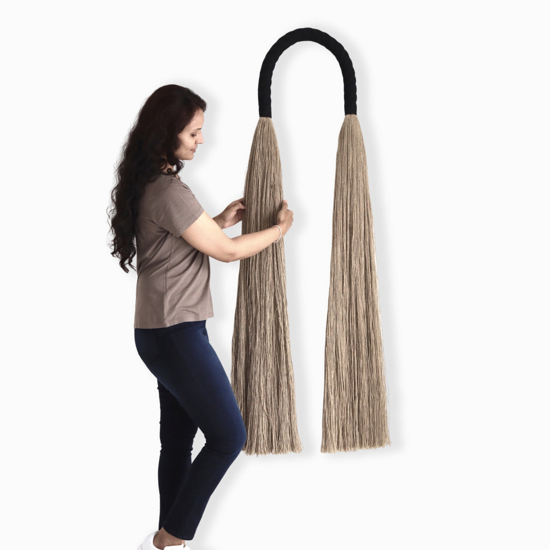 Minimalist tall rope arch sculpture – neutral fiber art décor