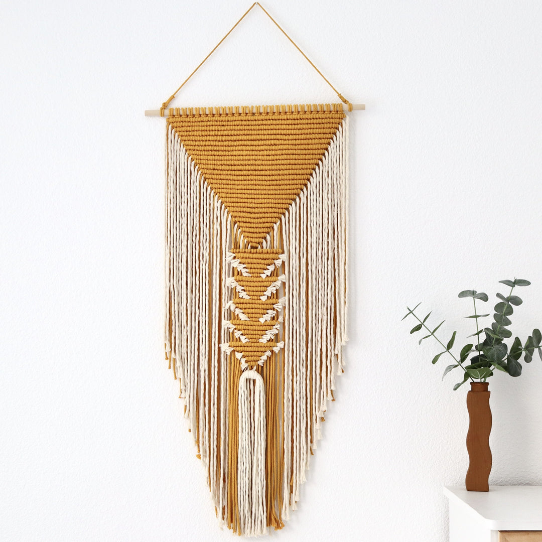Contemporary Macrame Wall Hanging 'Pyramid' with intricate patterning, blending traditional craft with modern design - Yashi Designs