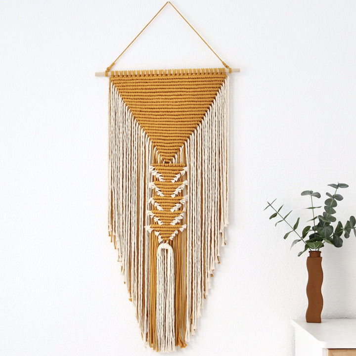 Contemporary Macrame Wall Hanging 'Pyramid' with intricate patterning, blending traditional craft with modern design - Yashi Designs