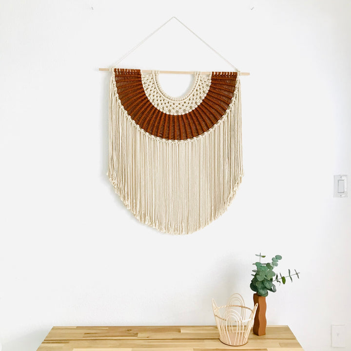 XL Macrame Wall Hanging 'The Matrix' with a sophisticated espresso and oat color scheme, embodying a sleek, modern aesthetic art - Yashi Designs