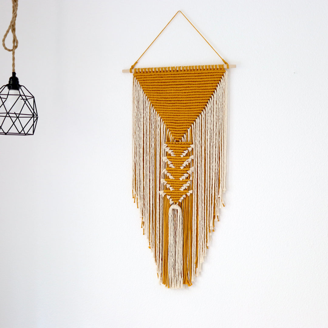 Contemporary Macrame Wall Hanging 'Pyramid' with intricate patterning, blending traditional craft with modern design - Yashi Designs