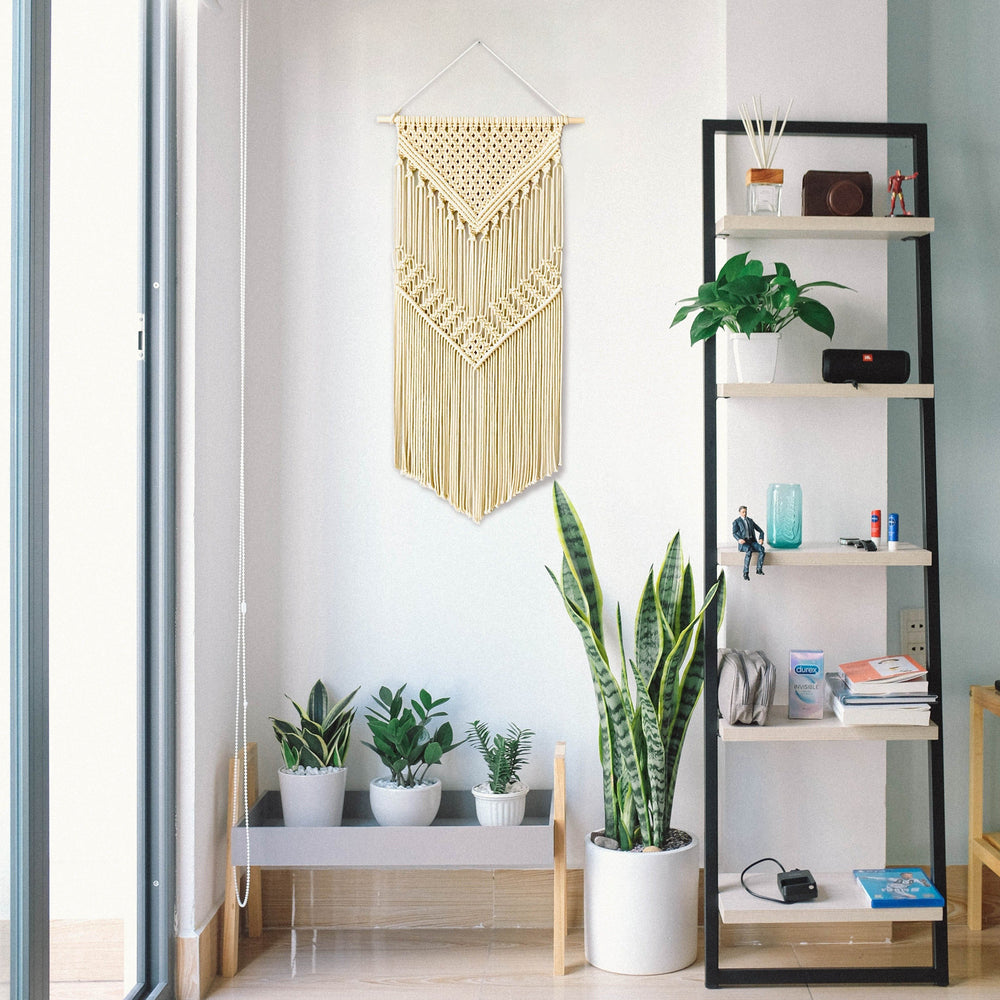 Geometric wall art in contemporary living room setting