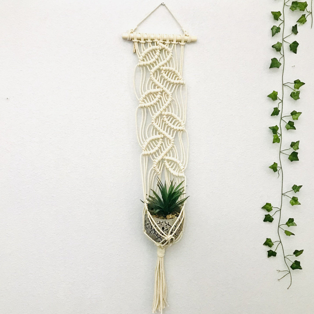 Macrame plant hanger 'The Vines' with a leaf pattern, combining natural inspiration with handcrafted elegance - Yashi Designs