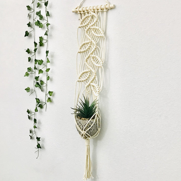 Macrame plant hanger 'The Vines' with a leaf pattern, combining natural inspiration with handcrafted elegance - Yashi Designs