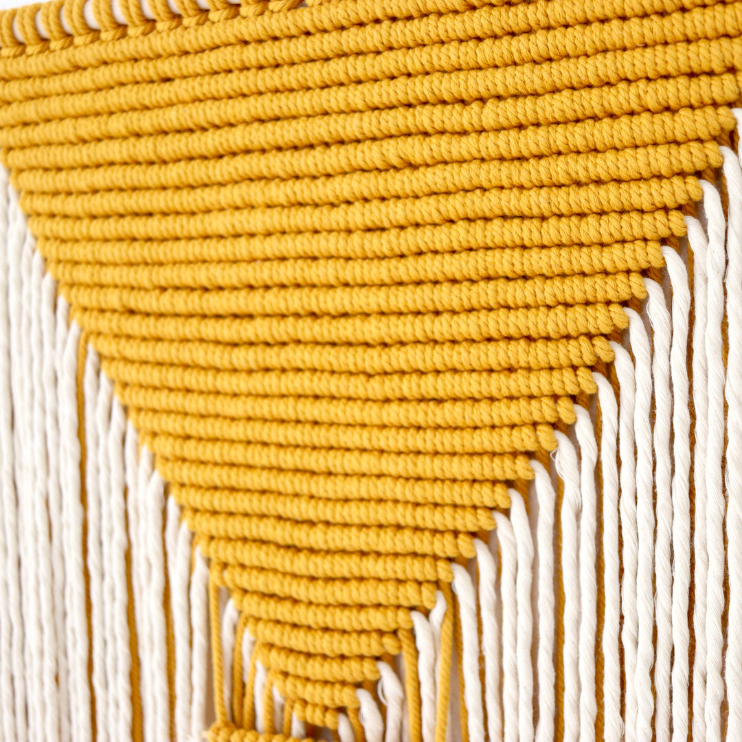 Contemporary Macrame Wall Hanging 'Pyramid' with intricate patterning, blending traditional craft with modern design - Yashi Designs