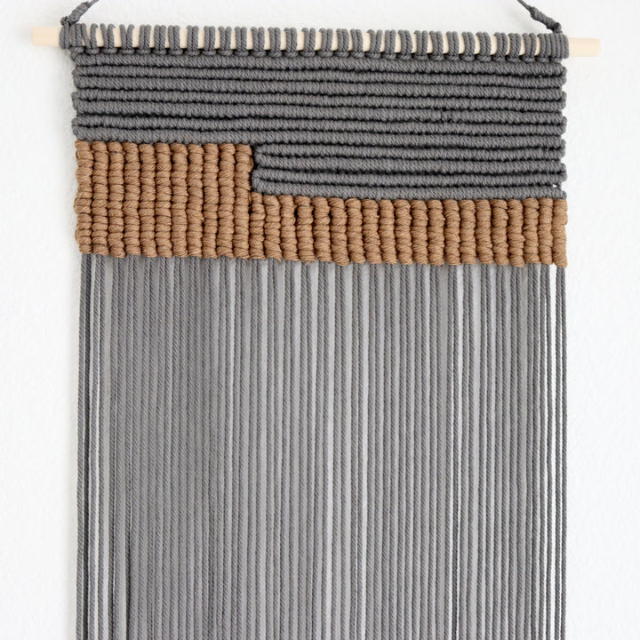 Serenity contemporary wall hanging in grey, a unique fiber art offering a soothing aesthetic by Yashi Designs.