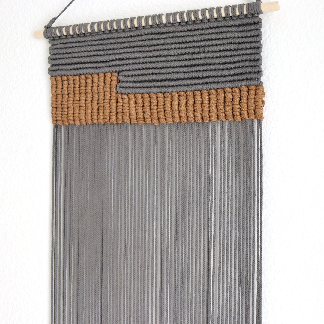 Serenity contemporary wall hanging in grey, a unique fiber art offering a soothing aesthetic by Yashi Designs.