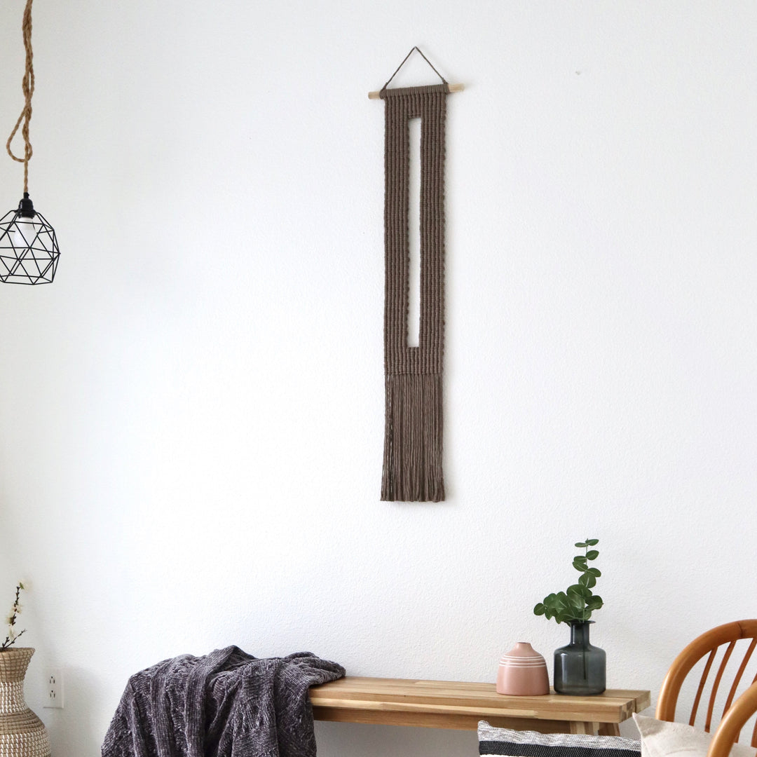Modern fiber art- Keyhole, Minimalist macrame wall hanging featuring a clean and elegant design with a contemporary look.