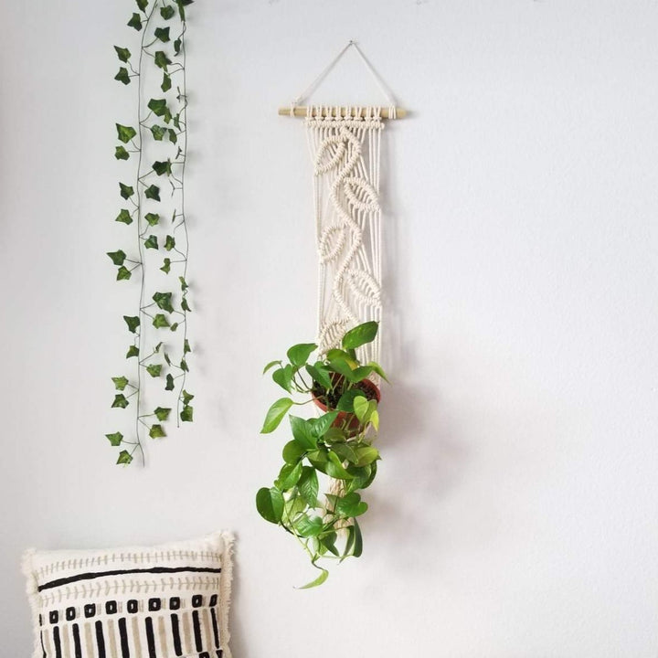 Macrame plant hanger 'The Vines' with a leaf pattern, combining natural inspiration with handcrafted elegance - Yashi Designs