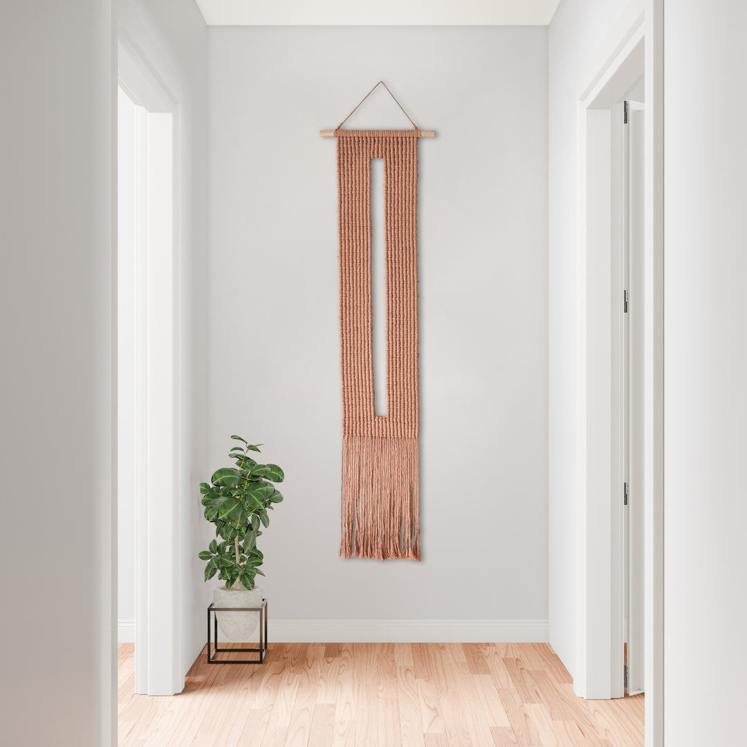 Tall Abstract textured fiber wall art in warm earth tones, featuring a vertical design fiber art, handwoven for a modern decor and Minimalistic Art
