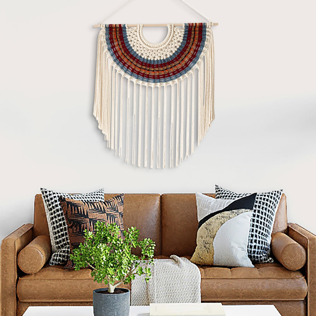 Neutral macrame wall hanging for minimalist living room décor