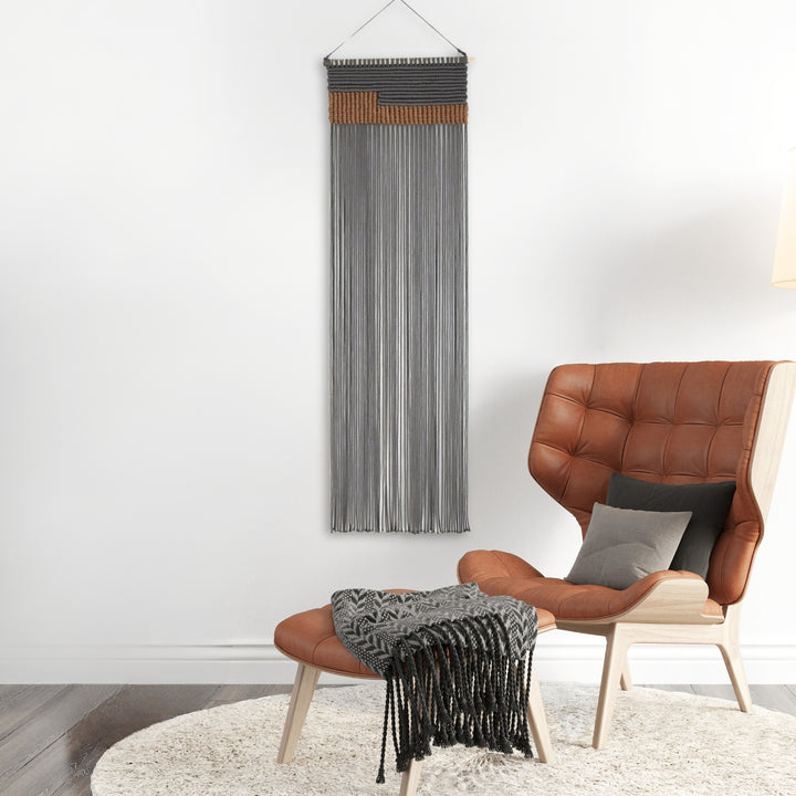 Serenity contemporary wall hanging in grey, a unique fiber art offering a soothing aesthetic by Yashi Designs.
