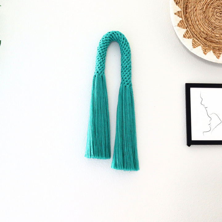 Contemporary Fiber Art, Aarya Tassel in Emerald knotted wall hanging, modern home decor - Yashi Designs