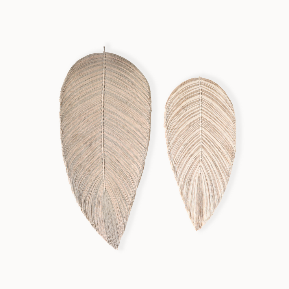 Rope sculpture of leaves set by Yashi Designs made organic cotton rope in shades of neutral colors- Oat, linen and natural showcasing intricate knotwork and modern design. Perfect for housewarming gifts and luxury home decor.