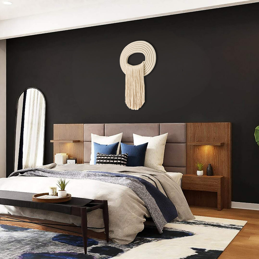 Modern bedroom with Waterfall inspired Fiber wall art