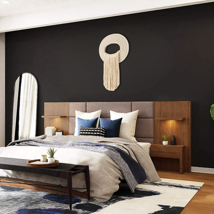 Modern bedroom with Waterfall inspired Fiber wall art