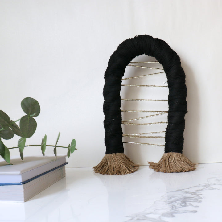 Black handmade jute rope desk accessory sculpture, adding contemporary flare to any coffee table, study table, home office, or for gift or can be used as a perfect Arch sculpture for home.