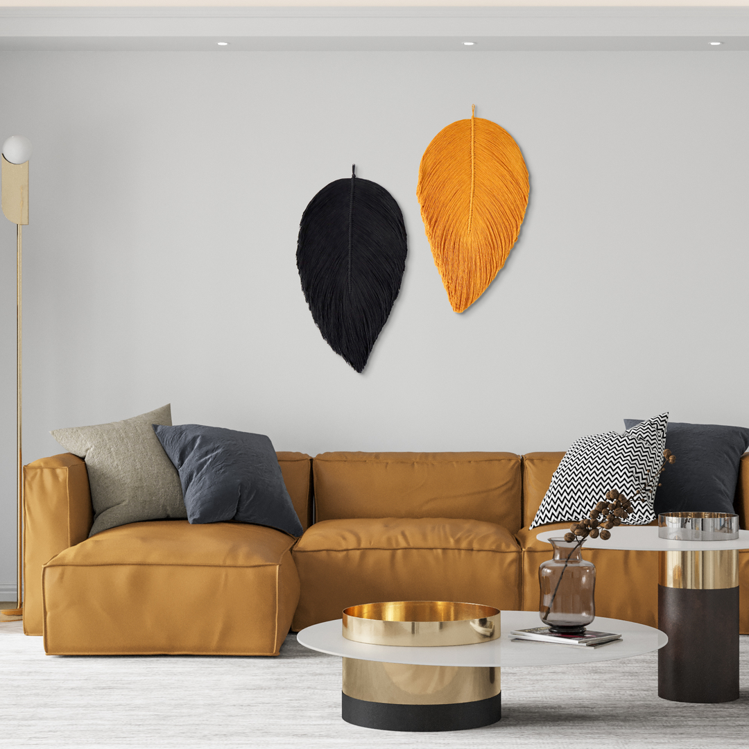 Colorful Wall Hanging Set |  Leaves in Golden Mustard & Charcoal