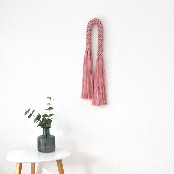 Knotted Macrame Wall Hanging, Handwoven wall hanging in dusty pink, showcasing an elegant knotted macrame style - Yashi Designs