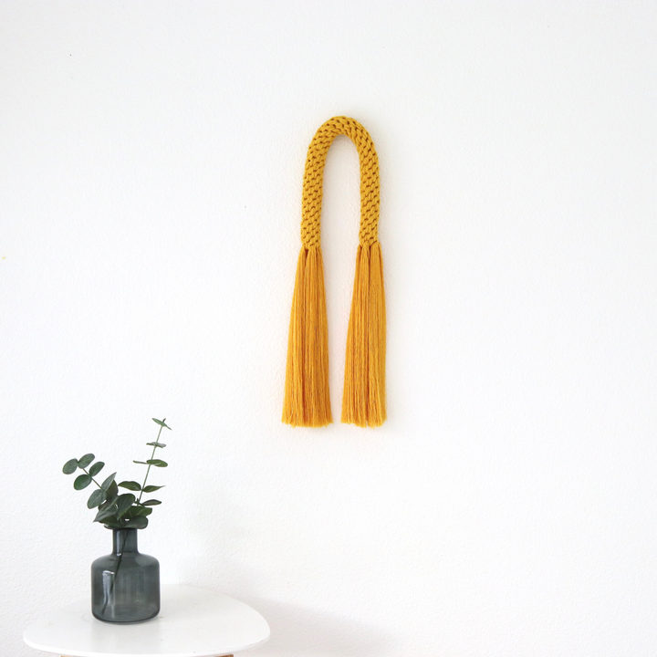 Sunshine yellow fiber art wall hanging, radiating joy with its bright knotted design, Modern Macrame Wall Hanging, Aarya in Sunshine - Yashi Designs