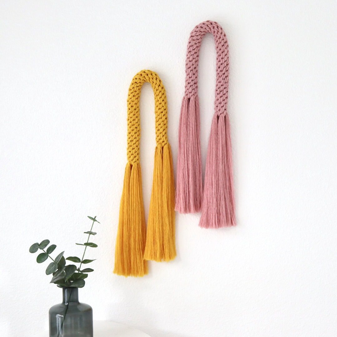 Knotted Macrame Wall Hanging, Handwoven wall hanging in set of 2 dusty pink and sunshine yellow, showcasing an elegant knotted macrame style - Yashi Designs