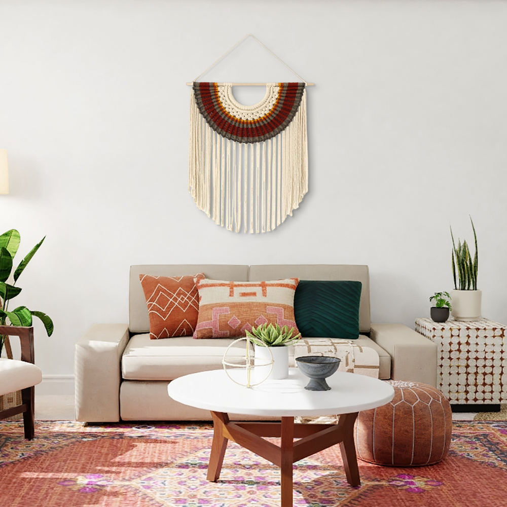 Fiber Art Wall Hanging 'Amber' by Yashi Designs, showcasing a symphony of earthy tones in a captivating circular pattern for a touch of organic modernity in home decor.
