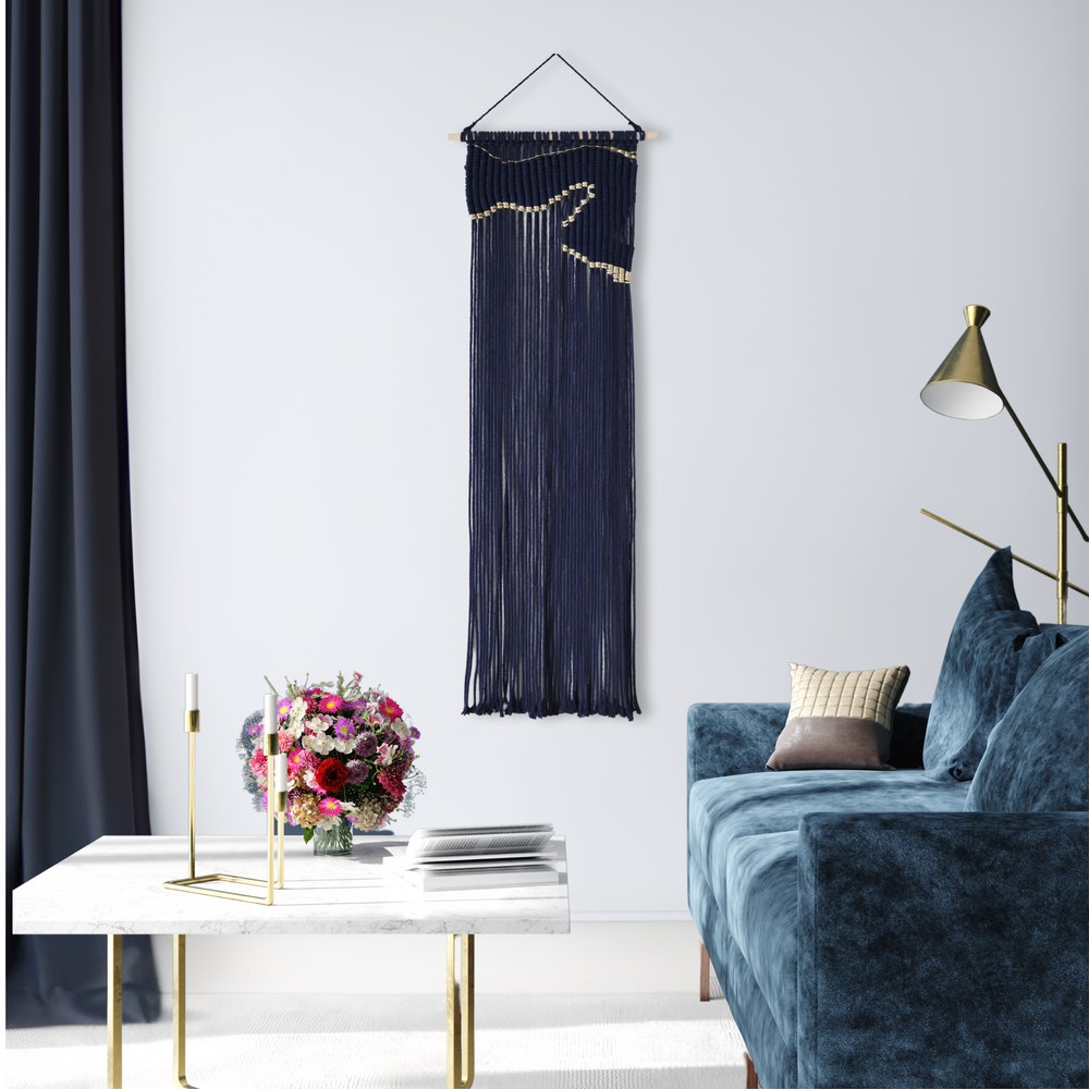 Contemporary navy blue macrame wall hanging with unique and modern beige design, creating a modern and artistic statement in any space or interior 