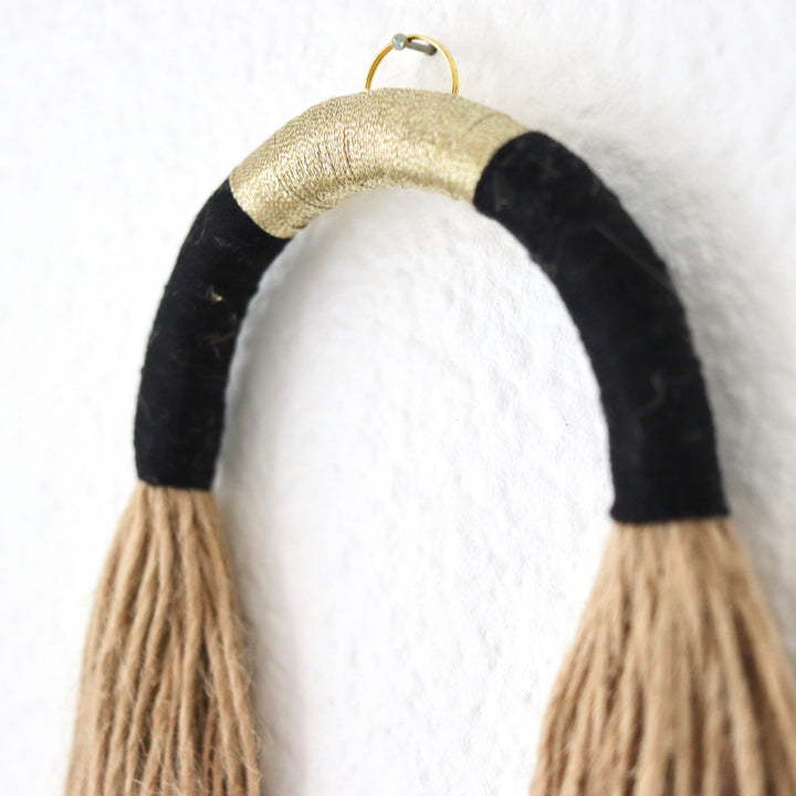 Small-sized jute arch with luxurious black and gold accents, handcrafted for distinctive decor, Jute Arch Decor, Black and Gold Home Accent, Handcrafted Fiber Art, Unique Wall Sculpture, Textured Art Piece, Elegant Home Accessory - Yashi Designs