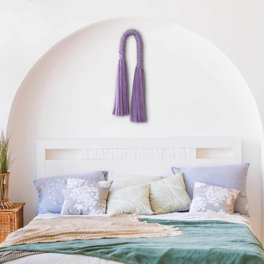Light purple modern macrame wall hanging, bringing a touch of serene elegance with its knotted texture - Yashi Designs