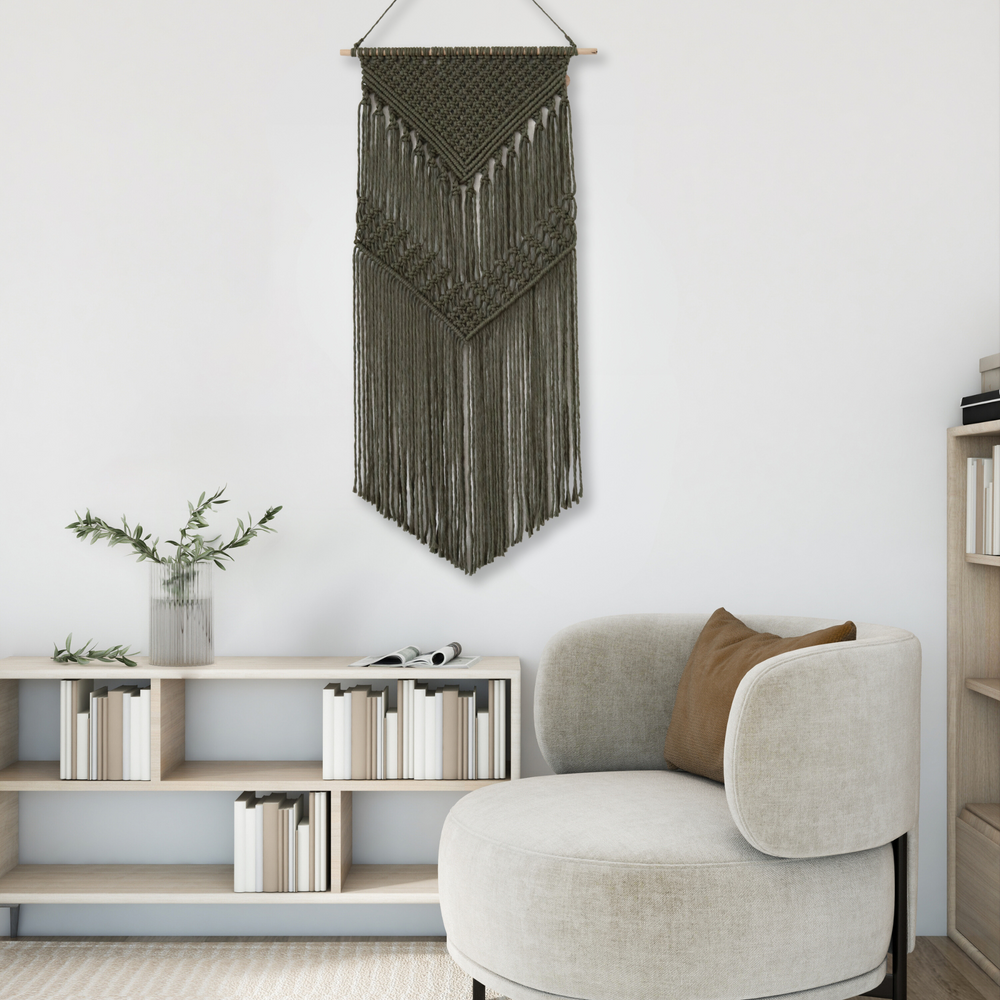 Alexa geometric macrame wall hanging by Yashi Designs, reflecting a contemporary and minimalistic art style.