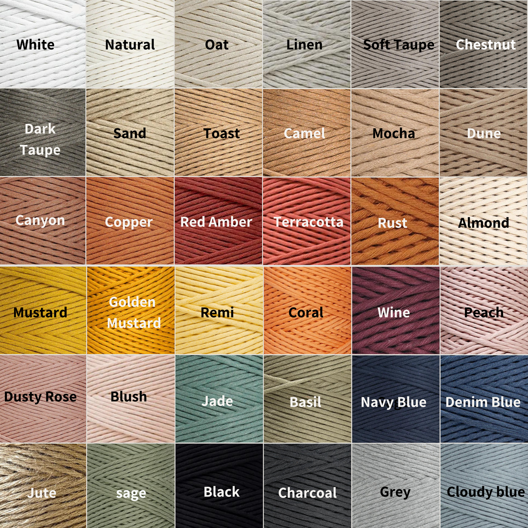 Color options chart with brown, basil, sage, peach, charcoal,natural,rust, Charcoal,linen , terracotta, jute, black, white, canyon and mustard color.